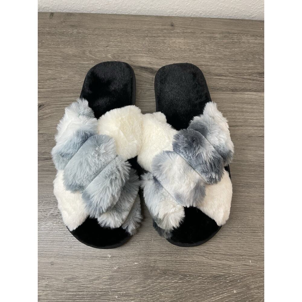 Women's Faux Fur Criss Cross Slippers Grey Ombre Fluffy Slides Size 10.5-11.5
